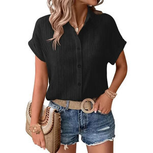 Womens Black Short Sleeve Button Down Shirt Cute Summer Tops Textured Collared